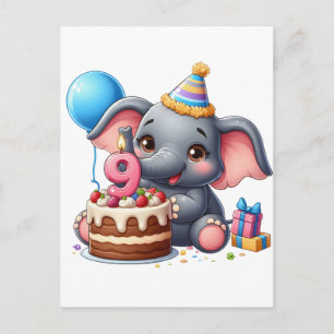 Cute Elephant 9th Birthday Invitation Postcard