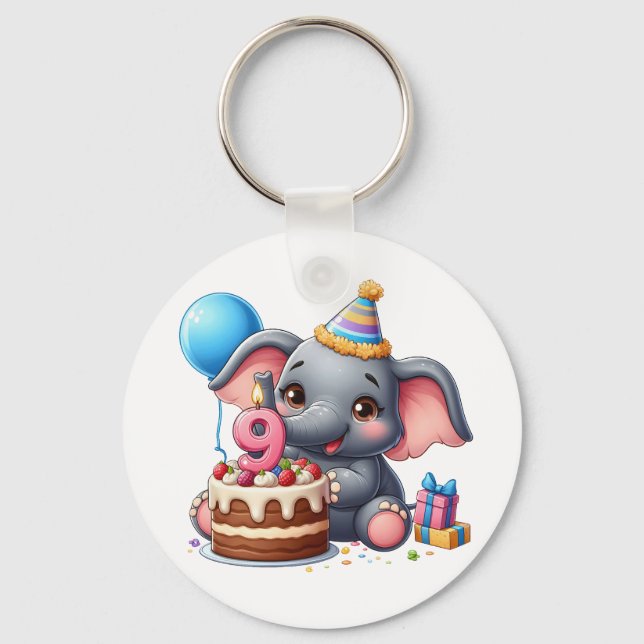 Cute Elephant 9th Birthday Key Ring (Front)