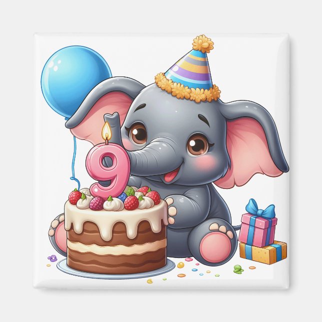 Cute Elephant 9th Birthday Magnet (Front)