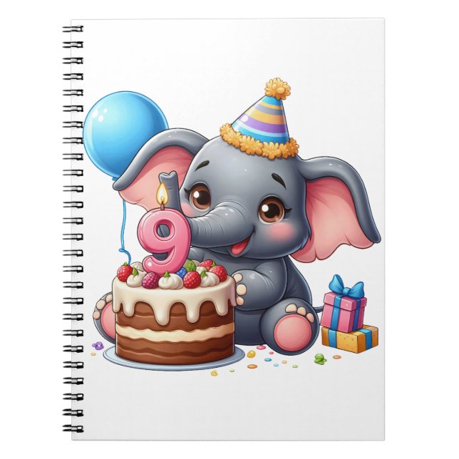Cute Elephant 9th Birthday Notebook (Front)