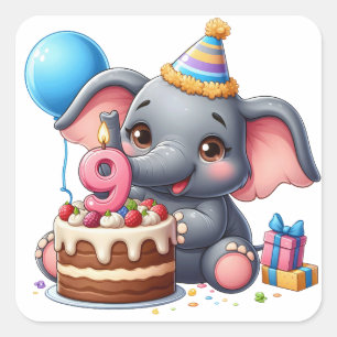 Cute Elephant 9th Birthday Square Sticker