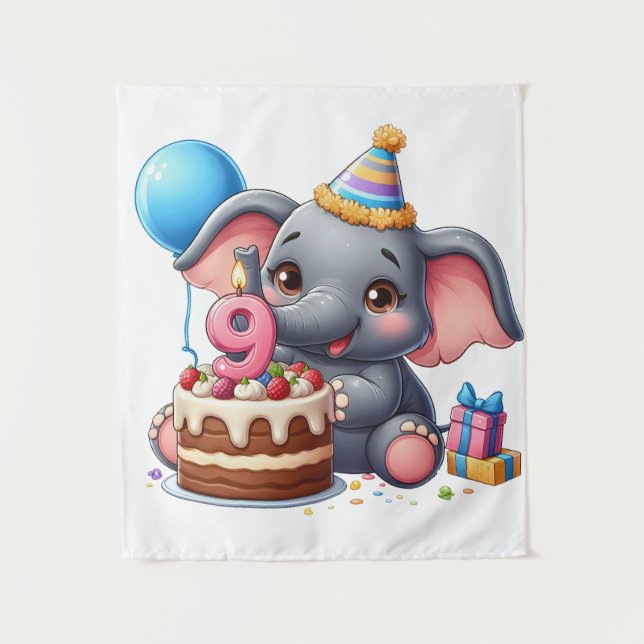 Cute Elephant 9th Birthday Tapestry (Front)