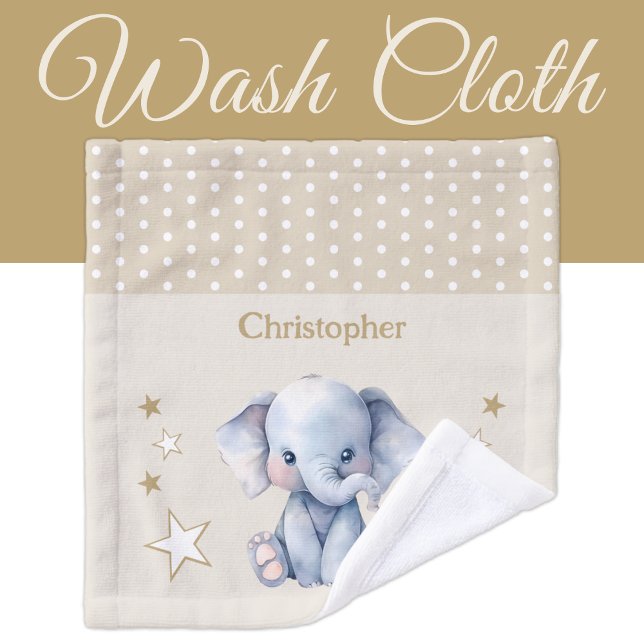 Cute elephant add name polka dots stars brown wash cloth (Creator Uploaded)