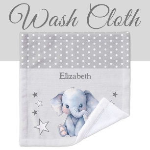 Cute elephant add name polka dots stars grey wash cloth