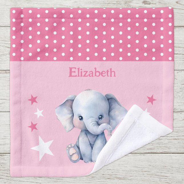 Cute elephant add name polka dots stars pink wash cloth (Creator Uploaded)