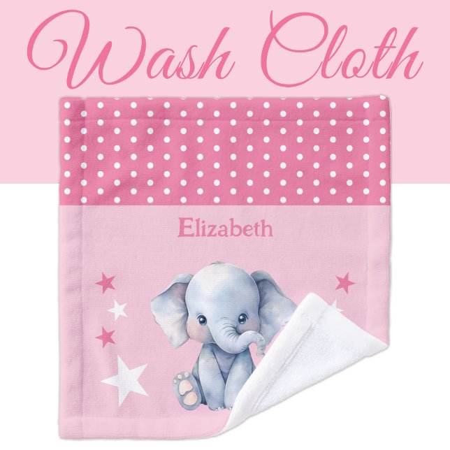 Cute elephant add name polka dots stars pink wash cloth (Creator Uploaded)