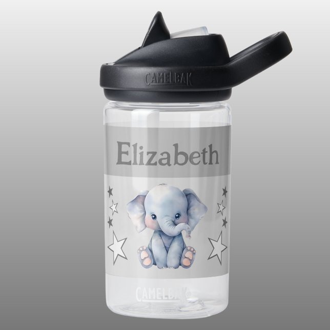 Cute elephant add name with stars kids grey water bottle (Creator Uploaded)