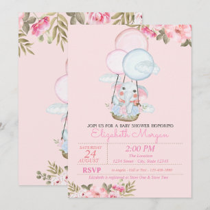 Cute Elephant,Air Balloon Floral Baby Shower Invitation