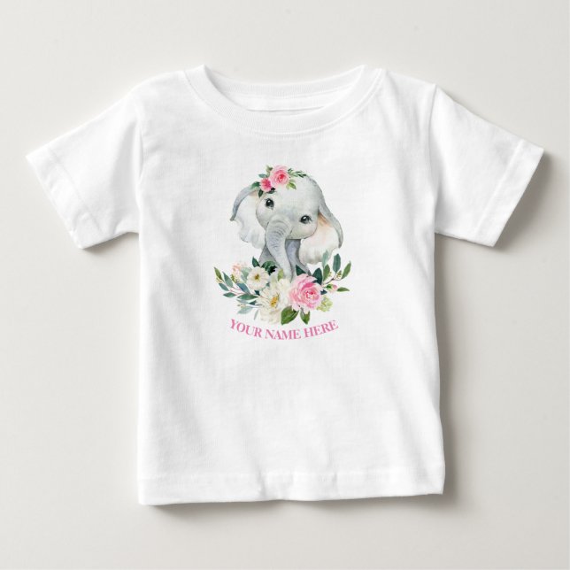 Cute Elephant and BLush Pink Floral 1st birthday Baby T-Shirt (Front)
