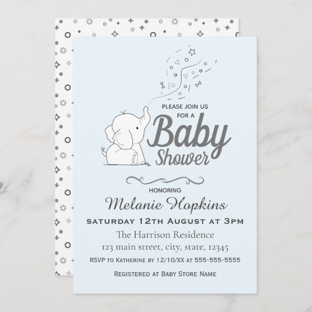 Cute Elephant and Confetti Blue Baby Shower Invitation (Front/Back)