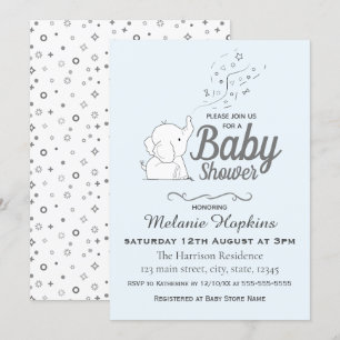 Cute Elephant and Confetti Blue Baby Shower Invitation