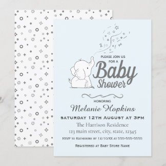 Cute Elephant and Confetti Blue Baby Shower Invitation