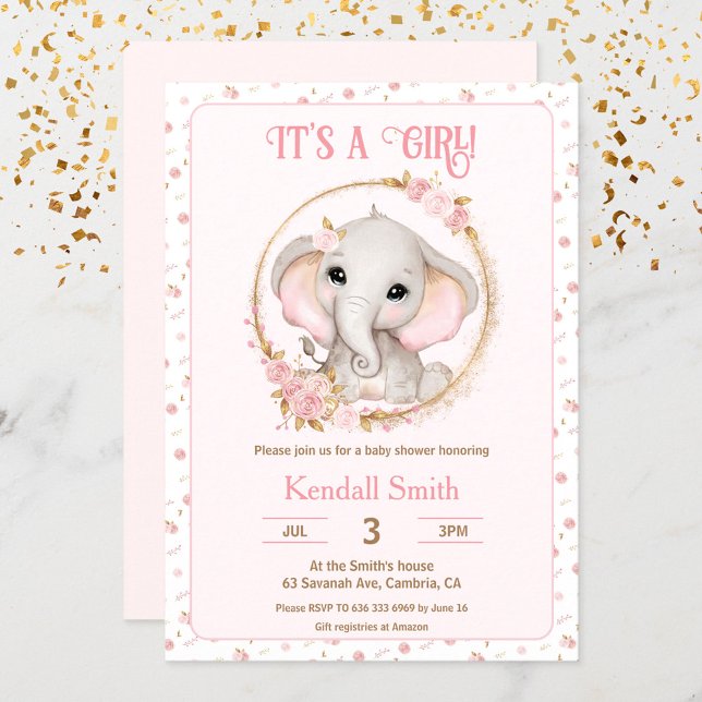 Cute Elephant and Flowers Pink Baby Shower Invitation (Creator Uploaded)