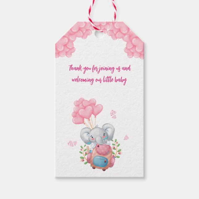 Cute Elephant And Pink Balloon Thank You Tag (Front)