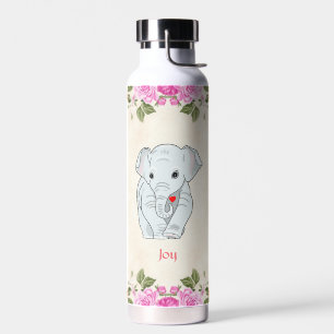 Cute Elephant and Pink Flowers Water Bottle