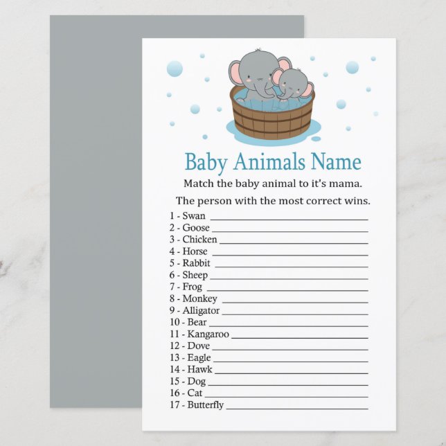 Cute Elephant Baby Animals Name Game (Front/Back)