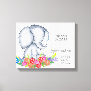 Cute Elephant Baby Boy Birth Record Stats Canvas Print