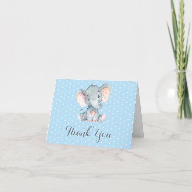 Cute Elephant Baby Boy Blue and Grey Thank You Card (Front)