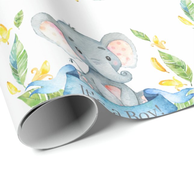 Cute Elephant Baby Boy Blue and Grey Wrapping Paper (Roll Corner)