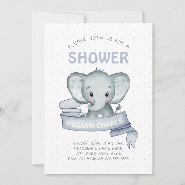 Cute Elephant Baby Boy Blue White Modern Simple Invitation (Front)