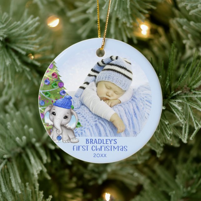 Cute Elephant Baby Boy First Christmas Photo Blue Ceramic Tree Decoration (Tree)