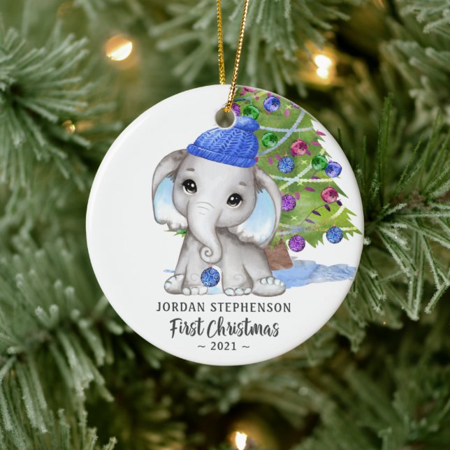 Cute Elephant Baby Boy First Christmas Photo Ceramic Tree Decoration (Tree)