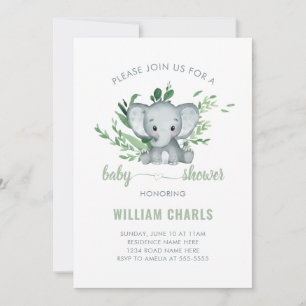 Cute Elephant Baby Boy Greenery Green White Invitation
