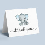 Cute Elephant Baby Boy Shower Thank You Card<br><div class="desc">Cute folded thank you card for your baby boy shower with "thank you" in a stylish soft grey script with swashes and a blue watercolor of baby elephant. Inside,  personalise your thank you message in simple grey topography or leave blank for a handwritten note.</div>
