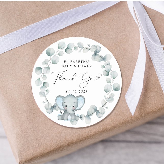 Cute Elephant Baby Boy Shower Thank You Classic Round Sticker (Creator Uploaded)