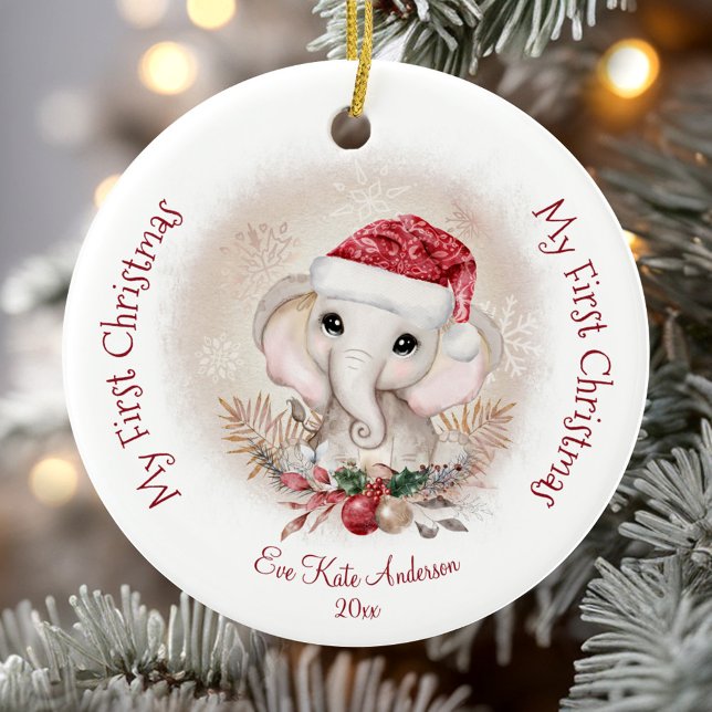 Cute Elephant Baby First Christmas Girl  Ceramic Tree Decoration (Cute Elephant Baby First Christmas Girl Ceramic Ornament)
