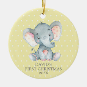 Cute Elephant Baby First Christmas Yellow and Gray Ceramic Tree Decoration