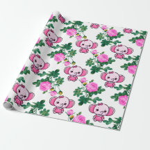 Cute Elephant Baby Girl Birthday Wrapping Paper