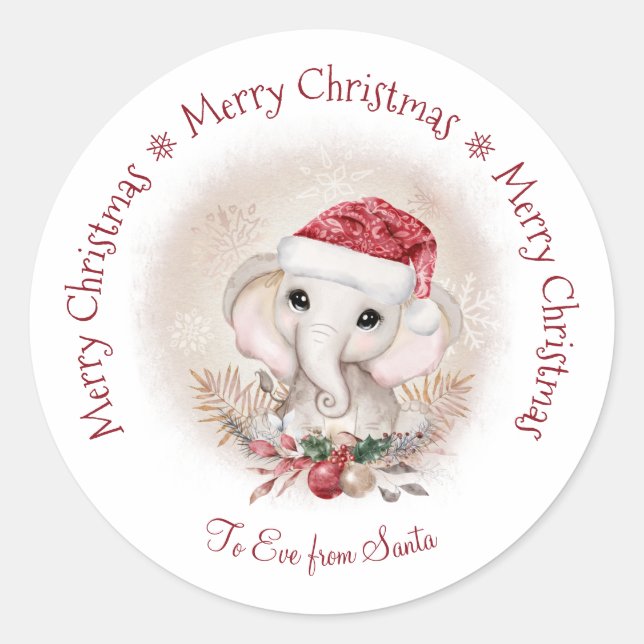 Cute Elephant Baby Girl Christmas Round Sticker (Front)