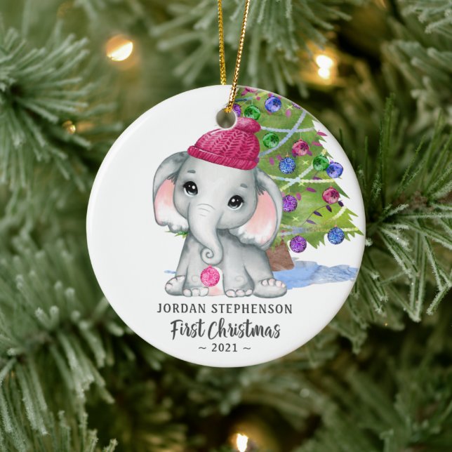 Cute Elephant Baby Girl First Christmas Photo Cera Ceramic Tree Decoration (Tree)