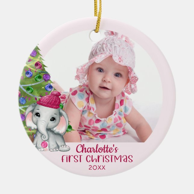 Cute Elephant Baby Girl First Christmas Photo Pink Ceramic Tree Decoration (Front)