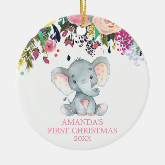 Cute Elephant Baby Girl First Christmas Pink Ceramic Tree Decoration (Front)