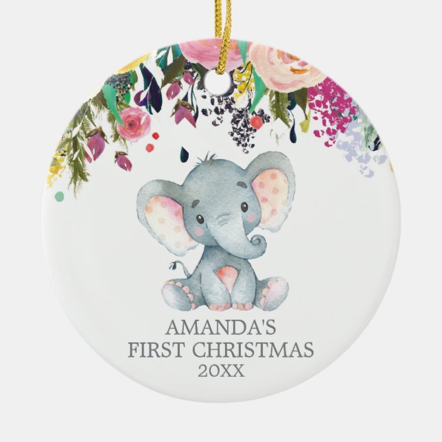Cute Elephant Baby Girl First Christmas Pink Ceramic Tree Decoration (Front)