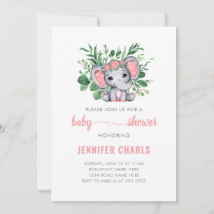 Cute Elephant Baby Girl Greenery White Invitation