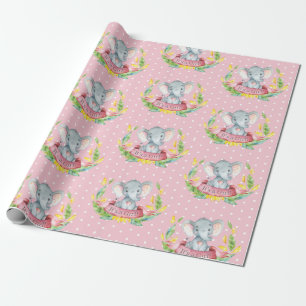 Cute Elephant Baby Girl Pink and Gray Wrapping Paper