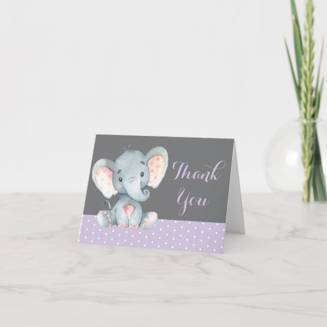 Cute Elephant Baby Girl Purple and Gray Thank You Card (Front)
