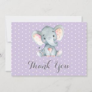 Cute Elephant Baby Girl Purple and Grey Thank You Card