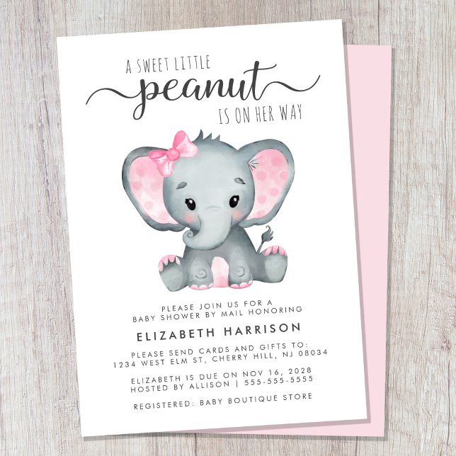 Cute Elephant Baby Girl Shower By Mail Invitation (Cute girl baby shower by mail invitation)