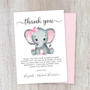 Cute Elephant Baby Girl Shower Thank You Card