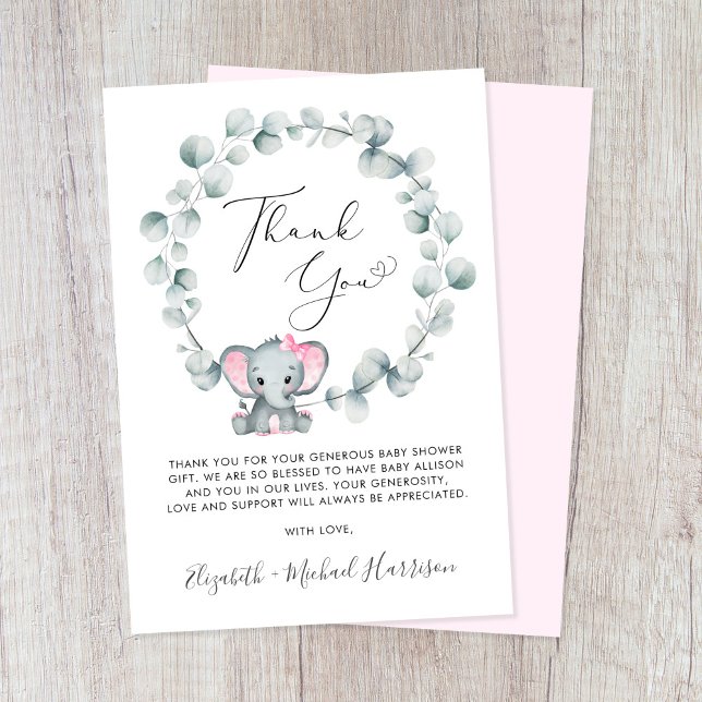 Cute Elephant Baby Girl Shower Thank You Card (Creator Uploaded)