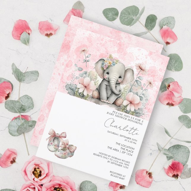 Cute Elephant Baby Girl With Flowers Baby Shower Invitation (Creator Uploaded)