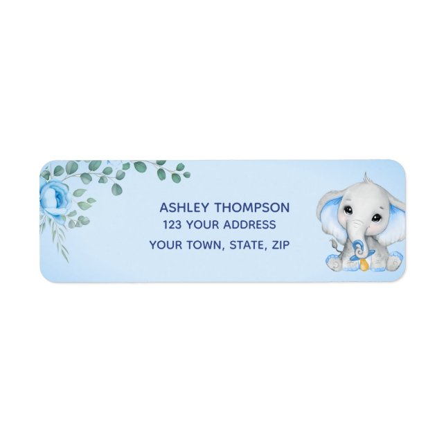 Cute Elephant Baby Shower Boy Blue Floral Address (Front)