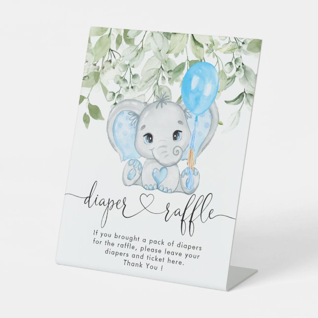 Cute Elephant Baby Shower Boy Diaper Raffle Pedestal Sign (Front)