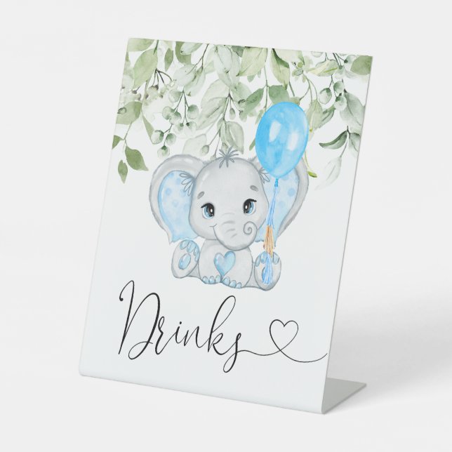 Cute Elephant Baby Shower Boy Drinks Pedestal Sign (Front)
