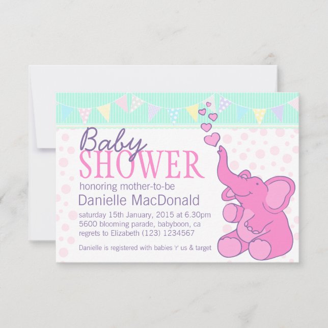 Cute Elephant baby shower bunting pink invitation (Front)