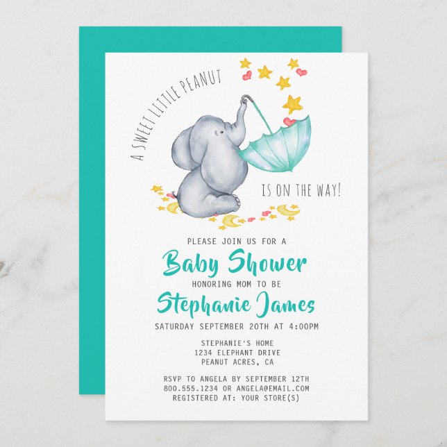 Cute Elephant Baby Shower Gender Neutral Invitation (Front/Back)
